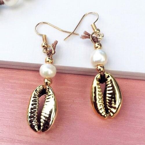 DM pearl cowrie shells womens earrings fashion jewelry 2020 golden hook seashells earring boho oorbellen bijoux femme conchas