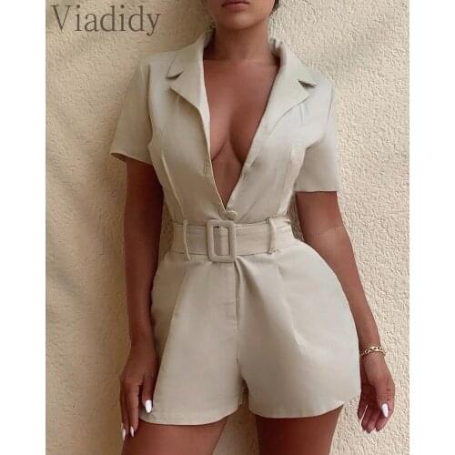 Women Elegant Short Sleeve Solid Color Deep V Playsuit with Belt