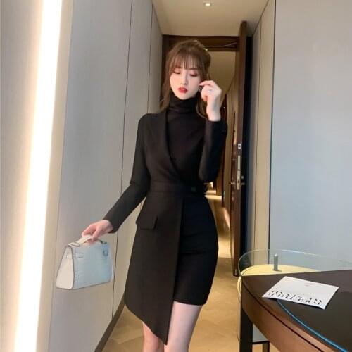 New arrival fashion korean work style asymmetrical dress women elegant temperament OL black personality midi a-line dress