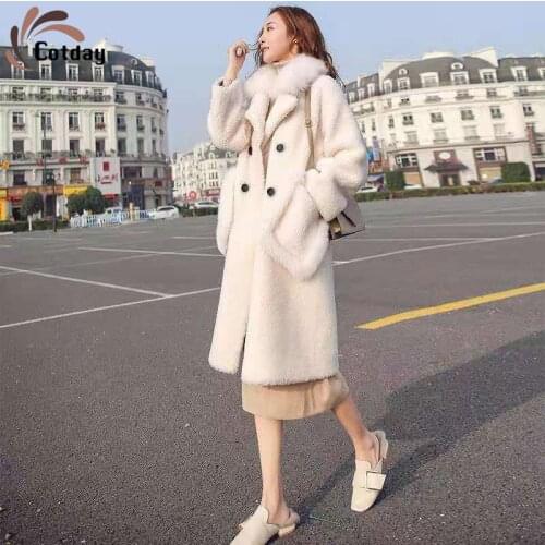 Cotday Imitation Lambs Wool Double Breasted Long Thick V Neck Loose Women 2021 New Winter White England Style Full Pelt Fur Coat