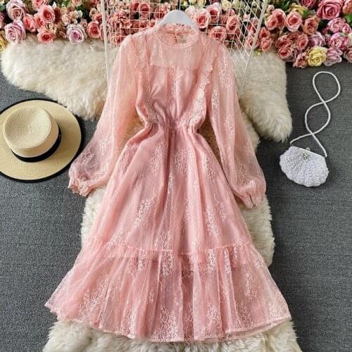 2021 Spring Women White Lace Dress Elegant O-neck Hollow Out Party Vestidos Vintage Women Casual Midi Dresses