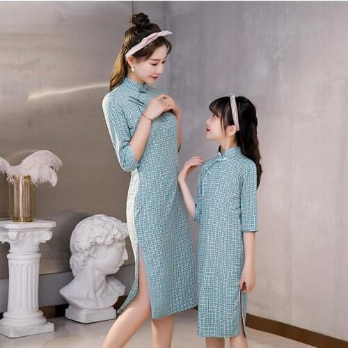 Women Cheongsam Lady Girls Matching Family Outfits Mommy and Daughter Matching Clothes Mother Daughter Dresses Vintage Vestidos