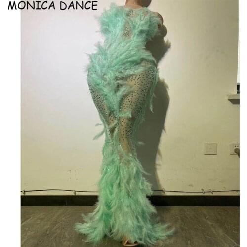 Women Sexy Stage Green Rhinestones Feather Transparent Net Dress Birthday Celebrate Outfit Bar Prom Women Singer Dancer Dress