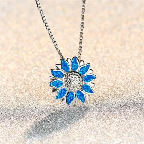 Blue Fire Opal Stone Engagement Necklace Female Cute Sun Flower Pendant Necklace Vintage Silver Color Chain Necklaces For Women