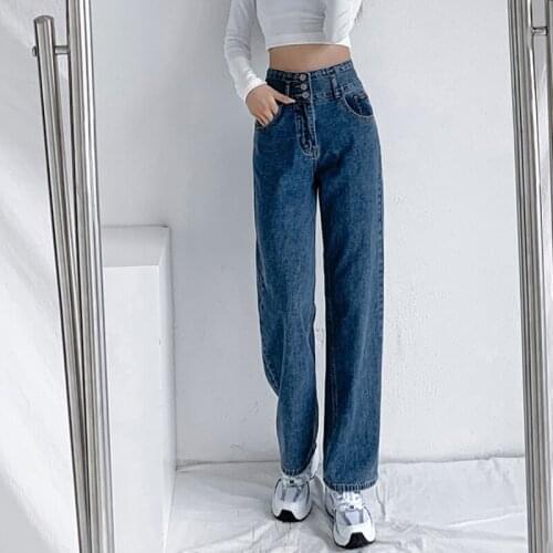Zoki Autumn 2021 Women Jeans High Waist Single Breasted Straight Denim Pants Korean Loose Blue Cotton Jean Female Trousers New