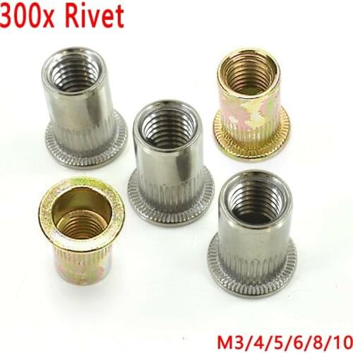 300Pcs Mixed Blind Rivet Nut Large-Flange Style Threaded Insert Bolts Nuts M3/M4/M5/M6/M8/M10