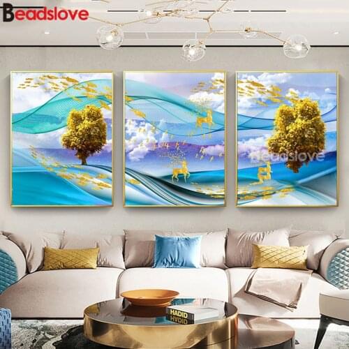 5d diamond painting Abstract money tree,deer 3 pcs full square drill diamond embroidery round diamond mosaic painting decoration