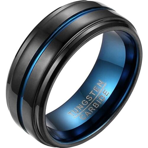 BONISKISS Blue Black Tungsten Carbide Ring For Men Women 8mm Polishing Men Ring Carbon Fiber Groove Ring Wedding Bands Jewelry