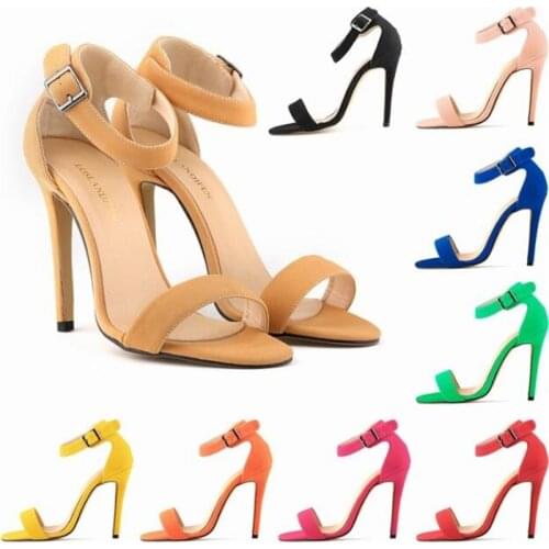Sexy word buckle sandals women 2020 summer Round Toe Flock 11CM Thin High heels Buckle Strap sandal women shoes 2020 size 35-42