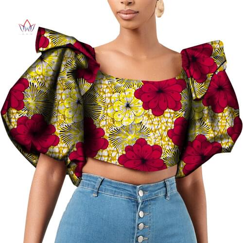 Dashiki African Shirt for Women Bazin Riche Ankara Print Causal Shirts Tops Women African Clothing Puff Sleeve Short Shirt WY831