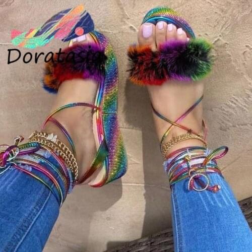 DORATASIA INS Hot Rhinestone Bling Glitter Platform Wedges Fur Women Sandals Lace Up Leisure Casual Beach Summer Women Shoes