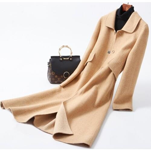 Double-sided wool flannel twill woven women fashion elegant long coat doll collar slim style camel EU/S-2XL retail wholesale