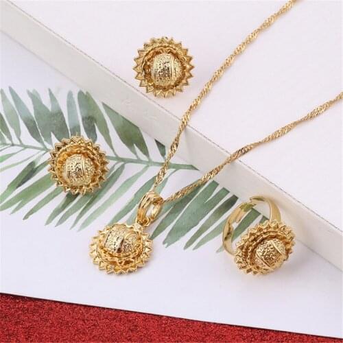 Ethiopian Set Jewelry Pendant Necklace Earrings Ring Gold Color African Bridal Wedding Jewellery Arab