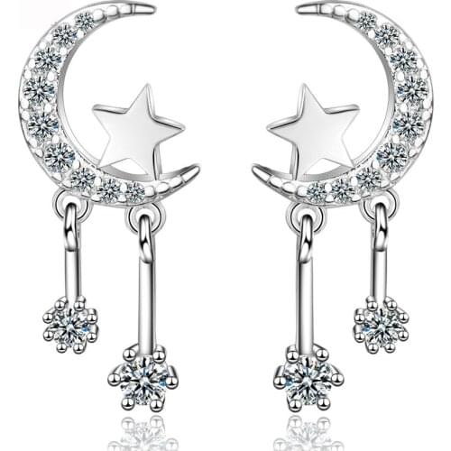 Korean Fashion Moon Star Statement Earrings Sterling Silver 925 Jewelry Cubic Zirconia Drop Earring for Women Girls Accessory
