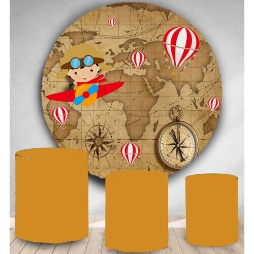 Vintage Boy Pilot Birthday circle Background Photo Studio round panel backdrop baby shower party decor hot air balloon YY-197