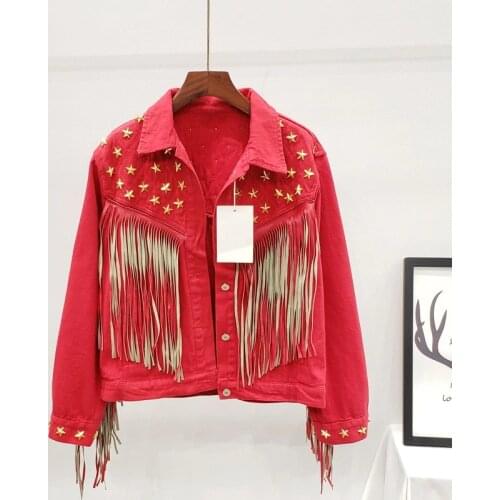 Punk Rivets Tassel Jacket Women Autumn Streetwear Single Breasted Denim Coat Fashion Red Female Club Party Long Sleeve Jacket