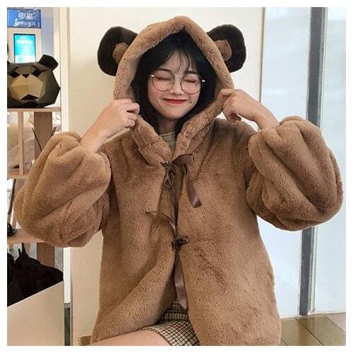 Women 2021 Autumn Winter New Faux Fur Jackets Female Hooded Bear Ears Cute Overcoats Ladies Imitation Rex Rabbit Fur Coat R330