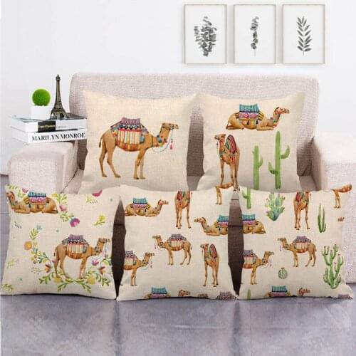 Cute Vintage One Side Print Cushion Cover Linen Camel Pillow Cover for Home Sofa Seat Throw Covers Decorative 45X45Cm