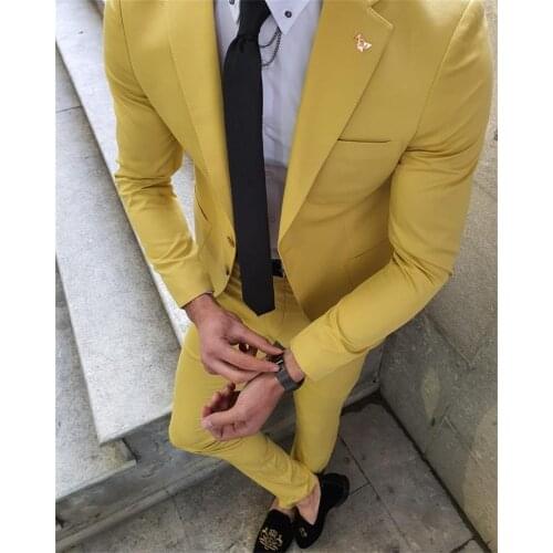 2021 Summer Lemon Yellow Mens Suits 2 Piece Beach Groomsmen Wedding Tuxedos For Party Men Formal Prom Suit (Jacket+Pants)