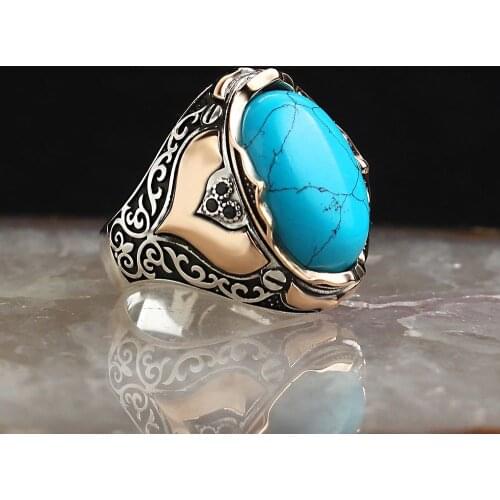 Natural Turquoise Stone Men Ring Power Traditional Handmade 925 Silver Ring Turkish Signet Rings Rock Jewelry Gift for Women Men