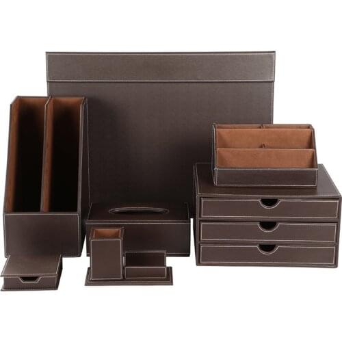 Deluxe Office Desktop 7-Piece Set Pen Pencil Holder Sticky Note Holder Stationery Organizer Box Tissue Dispenser T06 Black/Brown