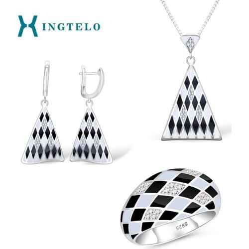 XINGTELO 925 Sterling Silver Jewelry Set Geometric Enamel Pattern White Crystal Earrings Ring Pendant and Chain Set