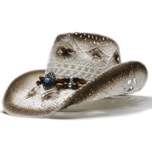 A180 Adult Raffia Sun Hat Vintage Turquoise Leather Belt Bohemian Style Cowboy Hat Male and Female Straw Sun Caps Travel Caps