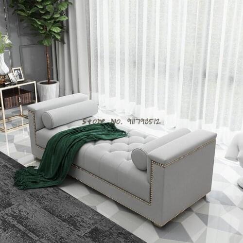 Light luxury velvet fabric bed end stool American Nordic bed front couch master bedroom shoe changing stool gray pull button sma