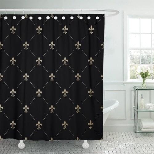 French Gold Pattern with Fleur De Lis on Black King Flower Shower Curtain Waterproof Polyester Fabric 72 x 72 inches Set
