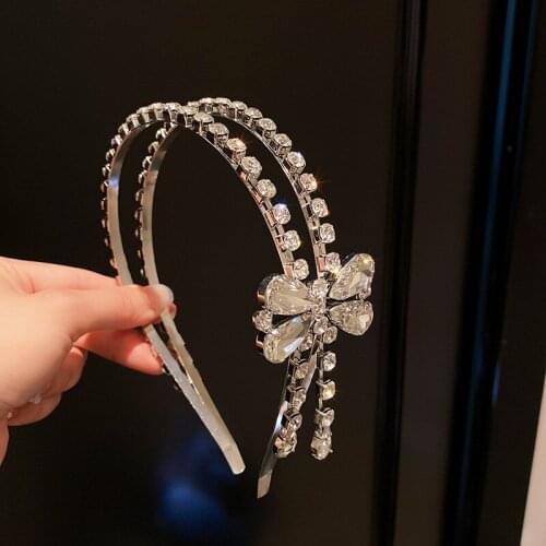 Full Rhinestone Double-layer Bowknot Tassel Headband Temperament Sparkling Crystal Headband Exaggerated Trend Jewelry Women