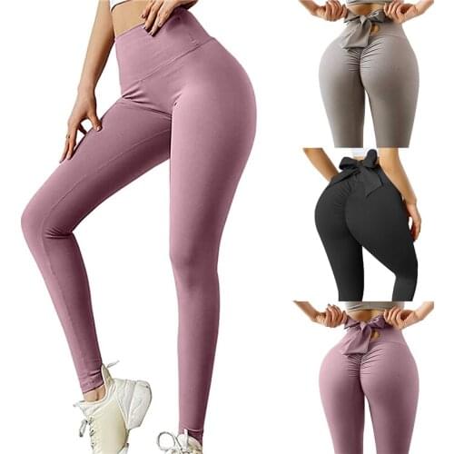 Women Bow Workout Fitness Gym Yoga Leggings Solid Mesh High Waist Athletic Tights Pants Running Sports Wear Leggings