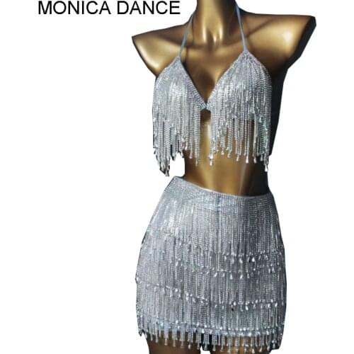 Women Sexy Stage Silver Crystals Bikini Costume Bling Stage Dancewear Shining Rhinestone Bikini Tassel Party Bra Short Set