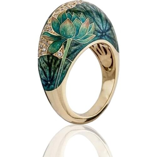 Milangirl Exquisite Floral Lotus Enamel Two-tone en Rings for Women Romantic Zircon Bridal Wedding Engagement Ring