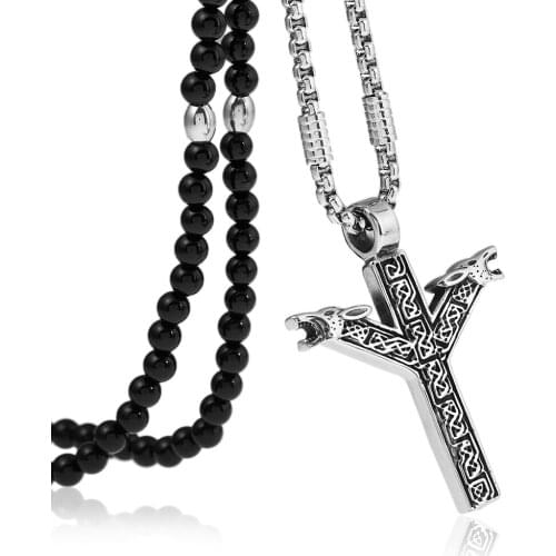 Punk 316L stainless steel Norse Vikings Rune Wolf Heads pendant Necklace with Black Natural Stone Chain 26"