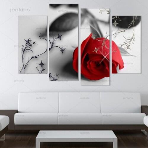 4 Pieces Beautiful Red Rose Flowers Wall Decor Hd Print Picture Wall Canvas Painting Modern Home Living Room Photography Poster