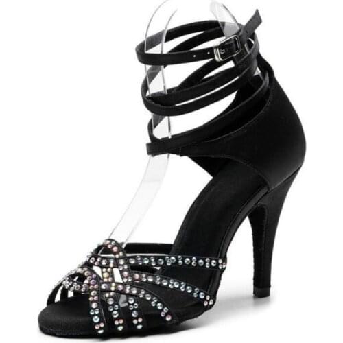 Evkoodance Practice Latin Dance Shoes Black Shinning Rhinestones Womens Latin Ballroom dancing shoes Salsa soft shoes high heel