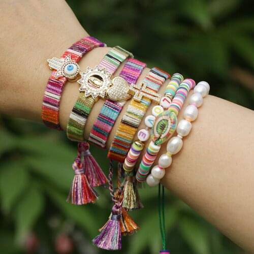 Ethnic boho mix cz & gold paved little people sign cotton silk tassel band charm adjustable bracelet for woman gift