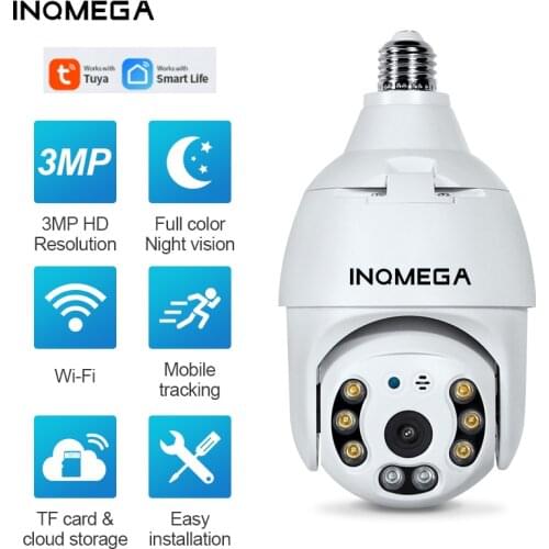 INQMEGA Tuya IP Wifi Camera 3MP HD PTZ Cam with Full Light Night Vision Two Way Talk Auto Tracking for Indoor E27 Bulb Shape