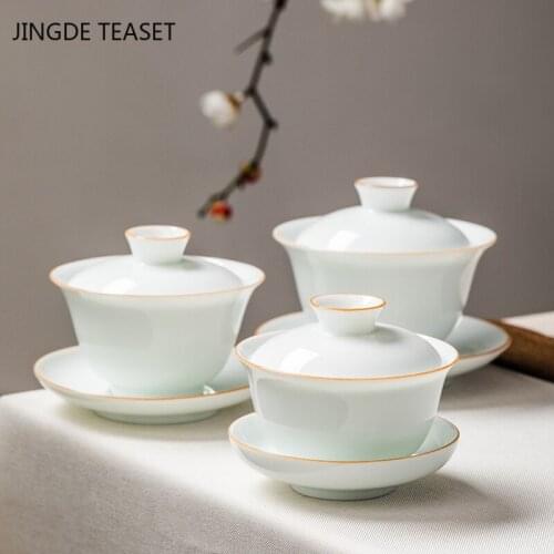 Chinese White porcelain cover bowl travel Teacup handmade Ceramic Tea tureen Bowl Tea ceremony Accessories Household Drinkware