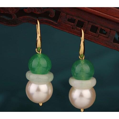 Korean fashion Ethnic pearl crystal earrings vintage Chinese style green stone drop earrings jewelry for women