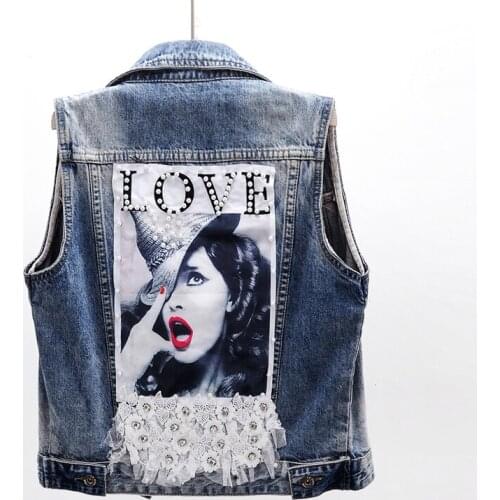 Summer Fashion Beading Patch Design Short Denim Vest Women Waistcoat Sleeveless Jacket Vintage holes Washed Jeans Vest JC219