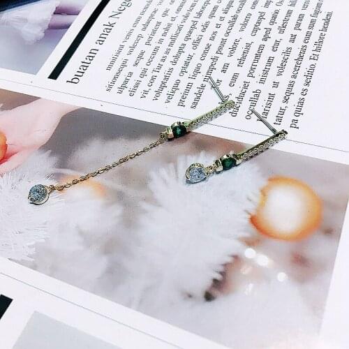 Trendy Silver Needles Zircon Earrings Stud Earrings Female Silver 925 Cubic Green Zircon Long Chain Crystal Earrings Jewelry