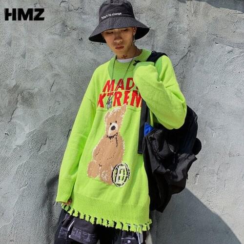 HMZ 2021 Autumn Green Knitted Pullover Jumpers Streetwear Sweaters Hip Hop Harajuku Casual Pullover Knitwear Mens Fashion Tops