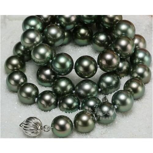 Stunning AAA++11-12mm Tahitian black green pearl necklace 18inch