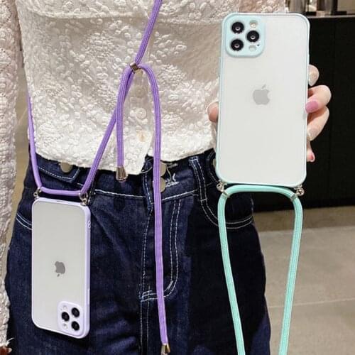 Candy Color Clear Shockproof Phone Case for iPhone 12 Mini Pro Max Necklace Cord Chain Hanging Rope Crossbody Soft TPU Cover