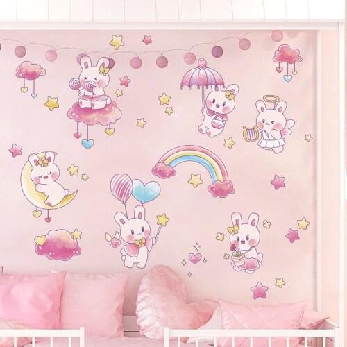 [SHIJUEHEZI] Cartoon Rabbits Animals Wall Sticker DIY Stars Clouds Wall Decals for Kids Bedroom Baby Room Home Decoration