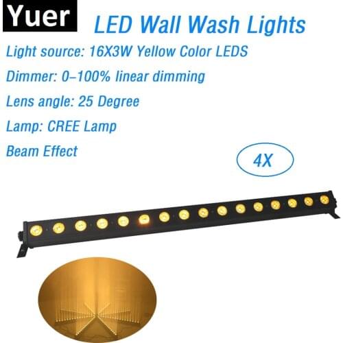 4XLot Free Shipping 16X3W Yellow Color CREE LED Lamp DMX Wall Washer Lights Indoor LED Wash Bar Lights 25 Degree Lens Angle