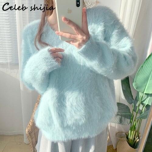 Fall 2021 Women Sweater V Neck Lake Blue Knit Pullover Female Autumn Warm Long Sleeve Mink Cashmere Crop Sweater Jumper Winter