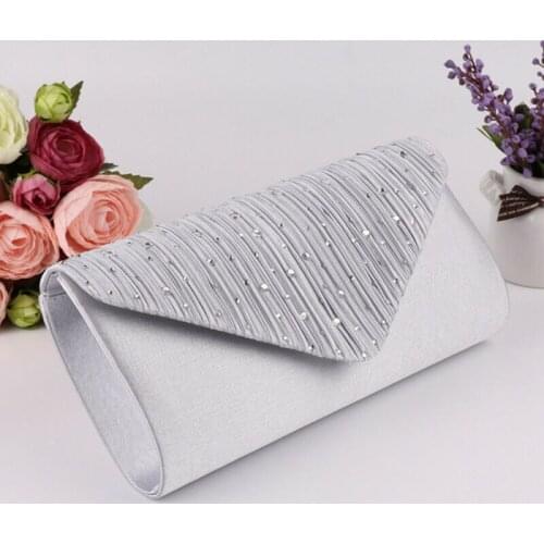 Women Evening Clutch Pure Color Inverted Triangle Snap Button Closure Rhinestone Decoration Belt Chain Wallet