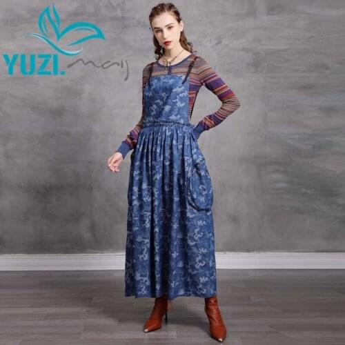 Woman Dress 2020 Yuzi.may Boho New Denim Women Dresses Slash Neck Vintage Embroidery Swing Hem Suspender Vestidos A82273 Vestido